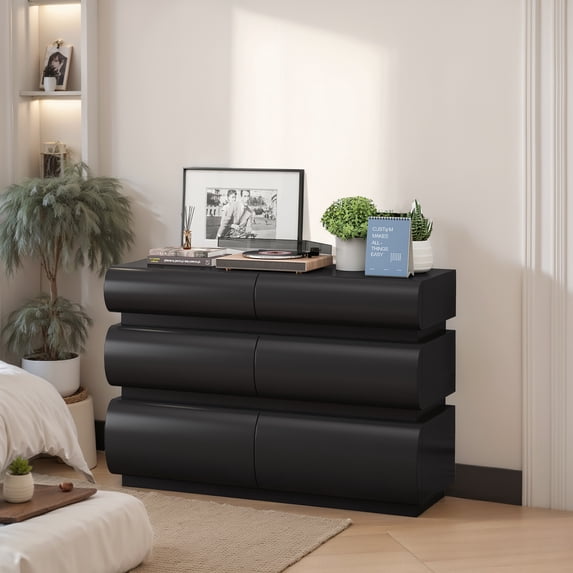 Modern 6-Drawer Dresser with No-Handle Sliding Design, Black MDF Chest for Bedroom/Living Room Storage - Reinforced Rails & Anti-Tip Safety