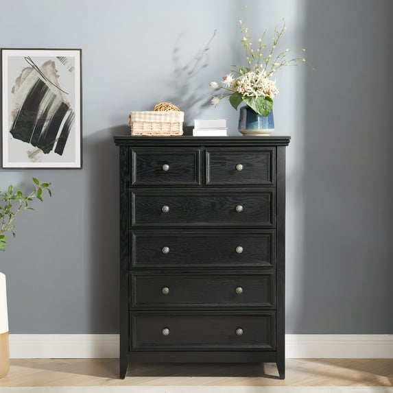 Modern 6-Drawer Farmhouse Dresser - Anti-Tip Chest of Drawers for Living Room Closet Storage, Black