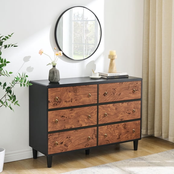 Modern 6 Drawer Horizontal Dresser for Bedroom, Wide Chest of Drawers with Unique Willow Core Finish, Sturdy Wood Storage Organizer for Clothes, Living Room & Hallway