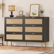 Modern 6-Drawer Rattan Dresser with Wide Double Chest, Gold Metal Legs & Handles, Anti-Tip Large Storage Organizer for Bedroom Living Room - Black