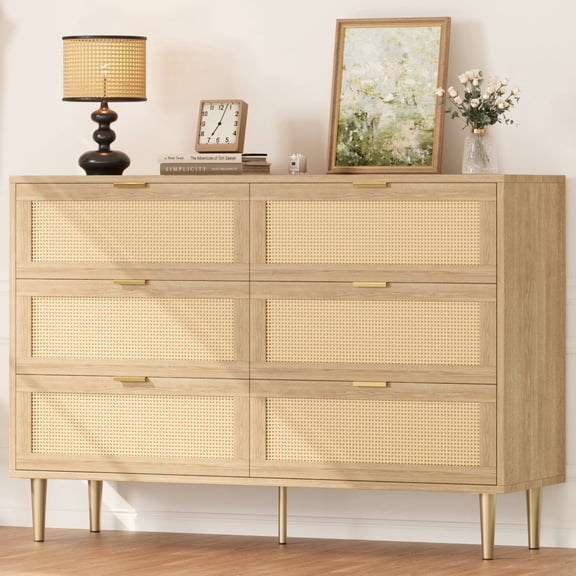 Modern 6-Drawer Rattan Dresser with Wide Double Chest, Gold Metal Legs & Handles, Anti-Tip Large Storage Organizer for Bedroom Living Room - Natural