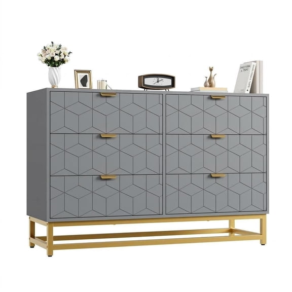 Modern 6-Drawer Wide Double Dresser for Bedroom – White/Gray Wood Storage Cabinet with Gold Handles & Metal Legs – Closet, Living Room, Hallway, Entryway