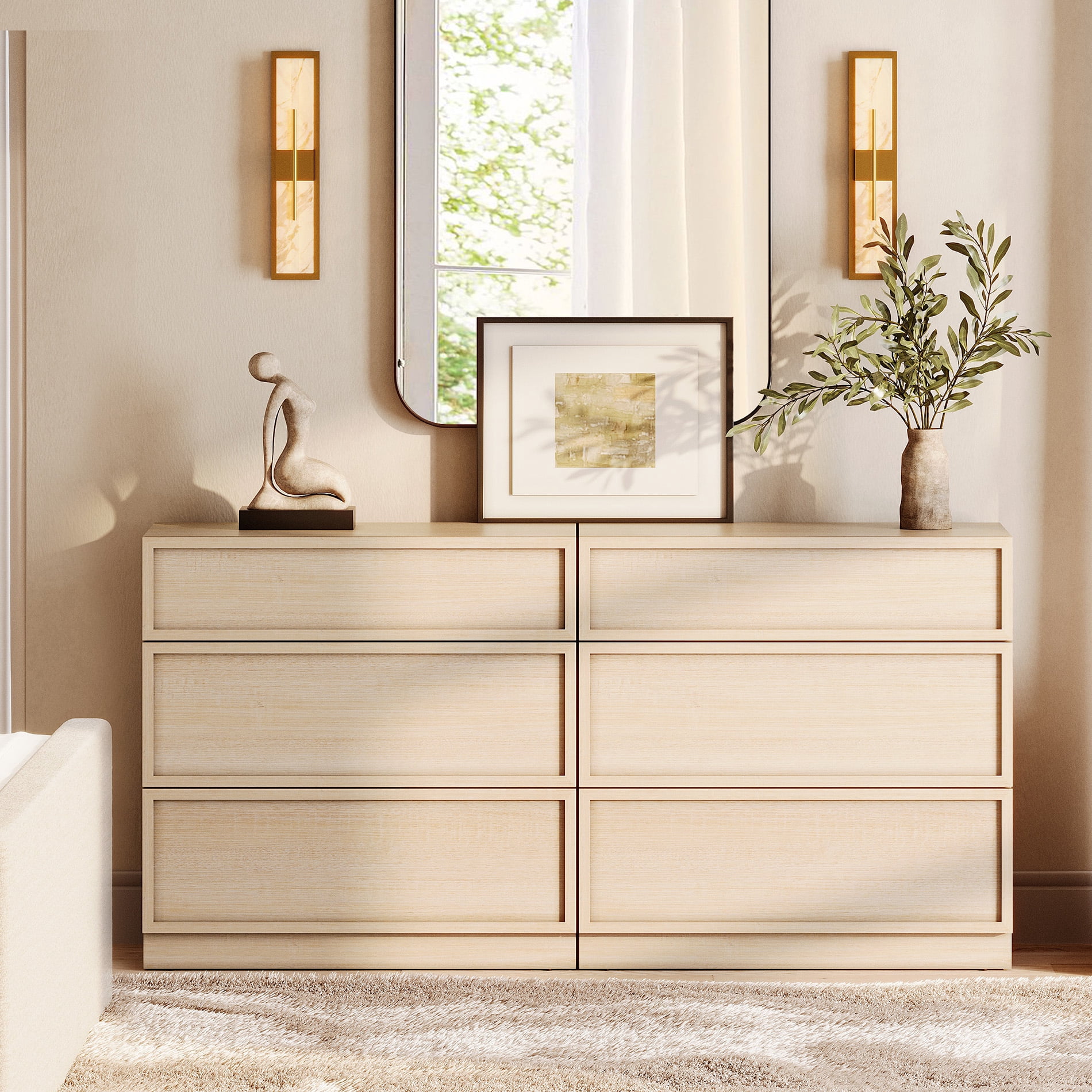 Modern 6-Drawer Wood Dresser, Handle-Free Push-Press Storage Chest with Solid Floor Base, Minimalist Storage Cabinet for Bedroom Living Room, Beige