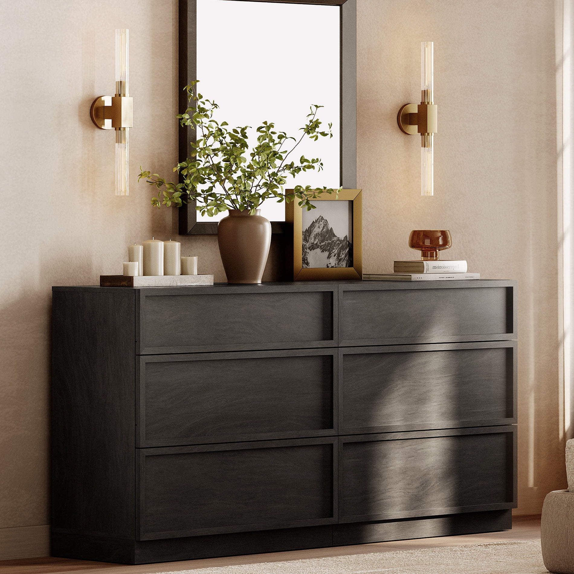 Modern 6-Drawer Wood Dresser, Handle-Free Push-Press Storage Chest with Solid Floor Base, Minimalist Storage Cabinet for Bedroom Living Room, Black
