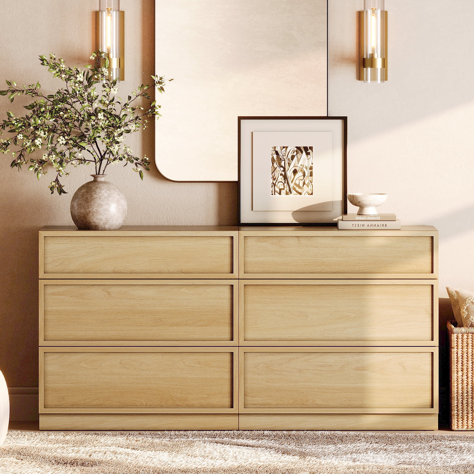 Modern 6-Drawer Wood Dresser, Handle-Free Push-Press Storage Chest with Solid Floor Base, Minimalist Storage Cabinet for Bedroom Living Room, Oak