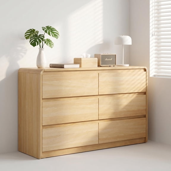 Modern 6-Drawer Wood Dresser with Concealed Handles, Rounded Corners, Bedroom Storage Cabinet