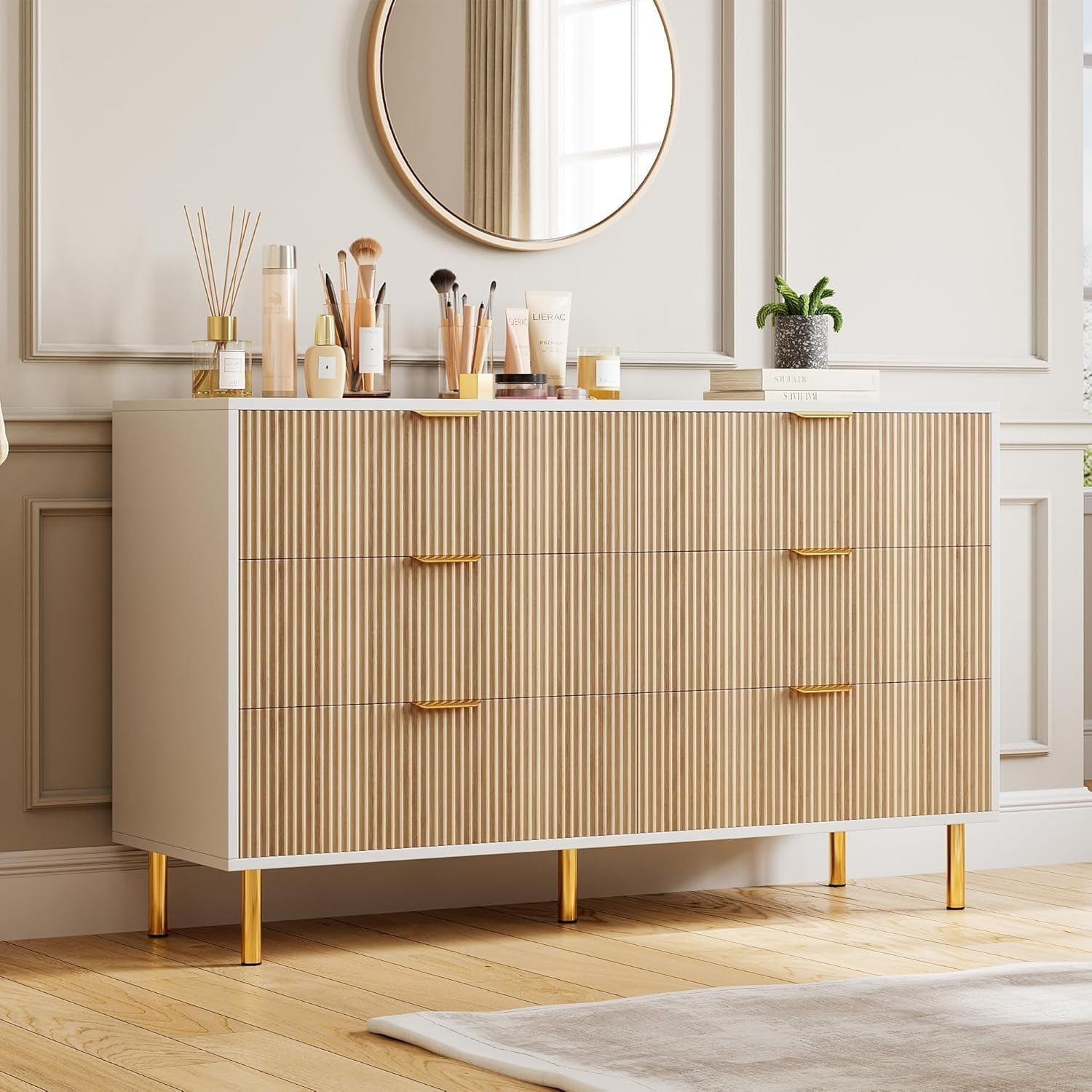 golden oak 6 drawer dresser 52'' Dresser for Bedroom, 6 Drawer Chest of Drawers, Modern Vintage Storage Organizer for Living Room, Hallway, Closet, Brown