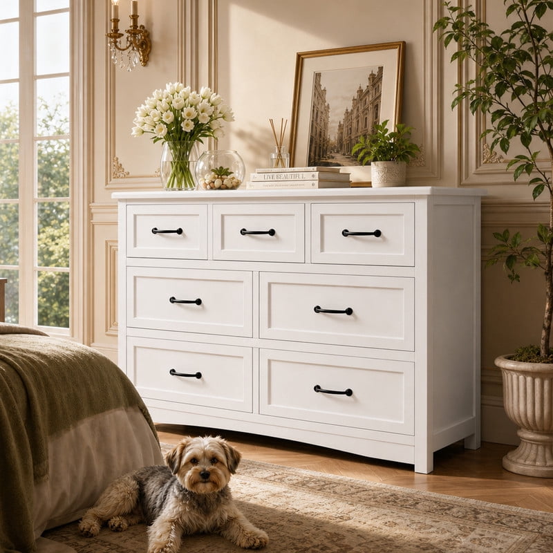 white wide dresser Snhomee 10-Drawer Wooden Chest of Drawers, 52" Extra for Bedroom Living Room Hallway 52"W x 15.7"D x 36.5"H / Black its elegant gold metal legs forge a synthesis of classic and contemporary White 6-Drawer Modern LED Dresser