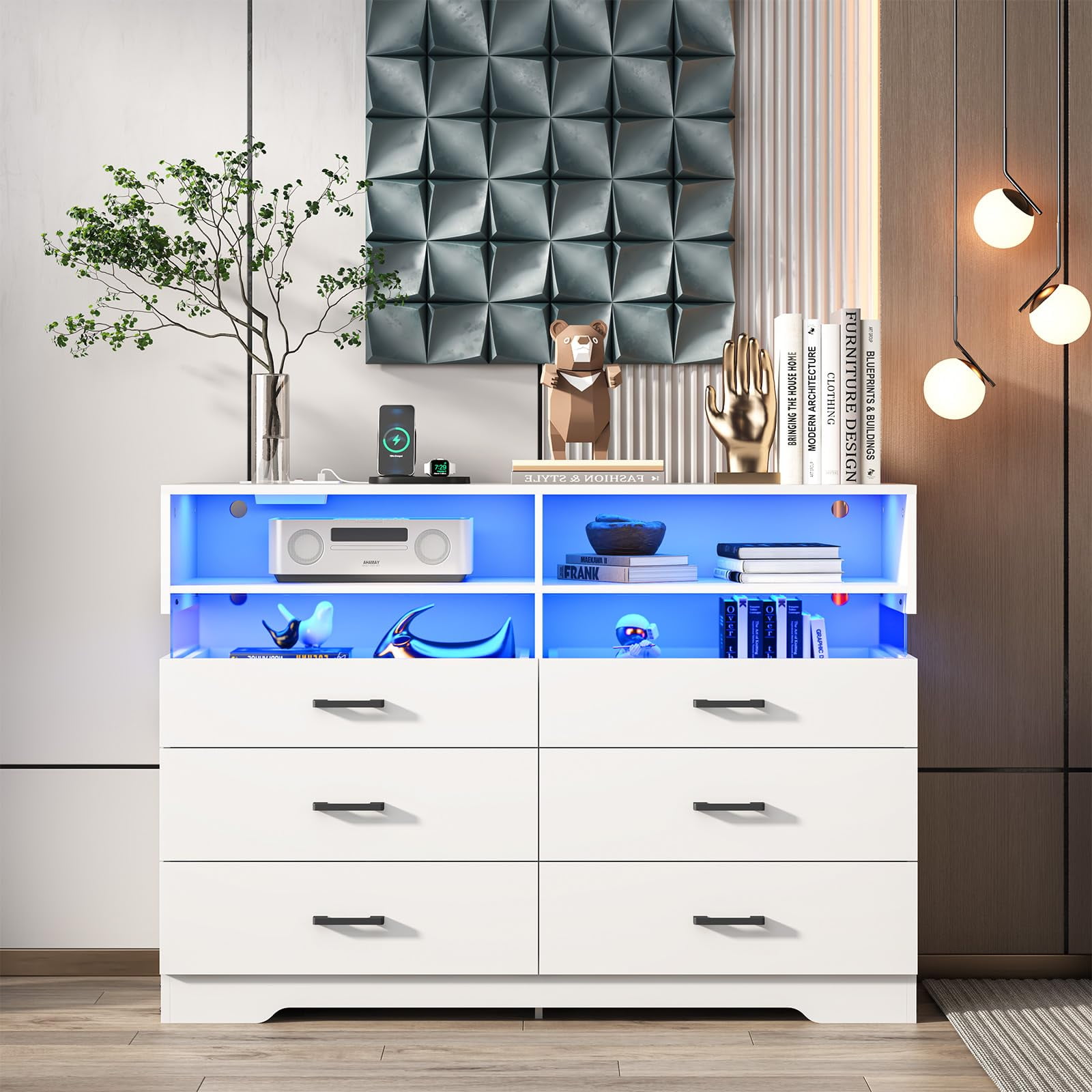 Modern 6 Drawers Double Dresser for Bedroom,White Dresser with LED Lights and USB Port Charging