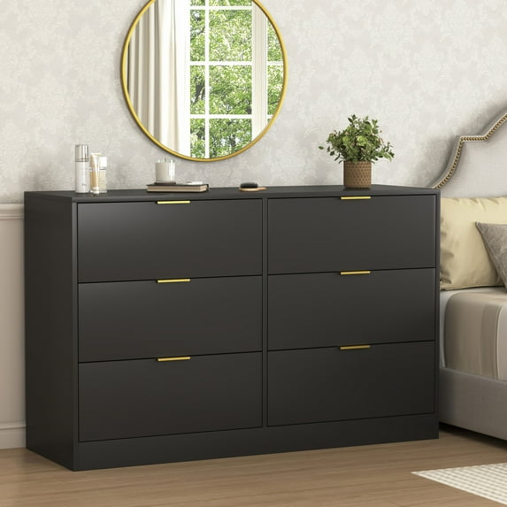 Modern 6 Drawers Dresser, 47" Wide Chest of Drawers with Metal Handle, Wooden Dresser TV Stand, Closet Clothes Storage Organizer, Black