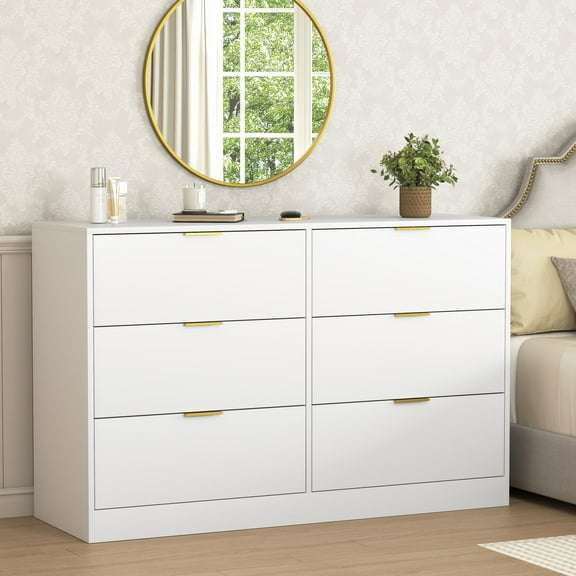 Modern 6 Drawers Dresser, 47" Wide Chest of Drawers with Metal Handle, Wooden Dresser TV Stand, Closet Clothes Storage Organizer, White