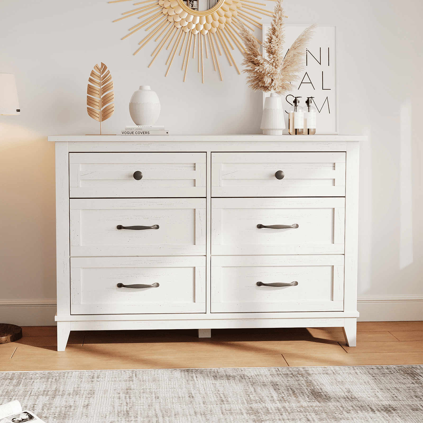 Modern 6 Drawers Dresser for Bedroom, 47" Wide Wooden Storage Chest with Antique Handles, Modern Farmhouse Dresser TV Stand with Wood Legs for Closet, Living Room, Hallway