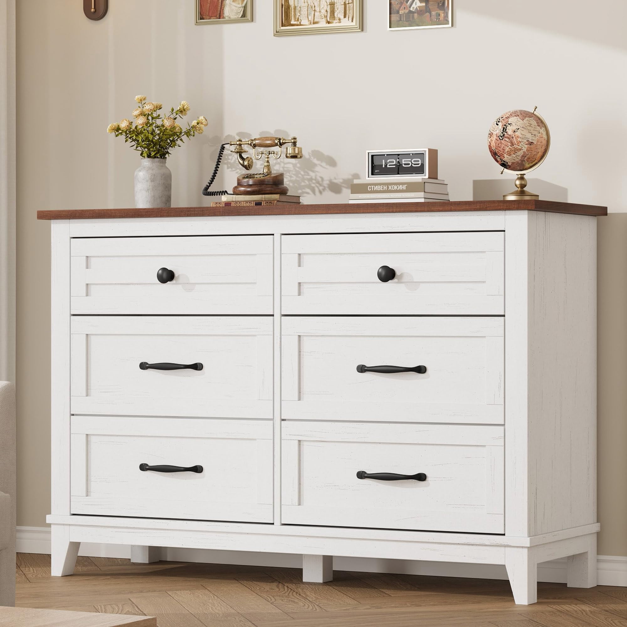 Modern 6 Drawers Dresser for Bedroom, 47" Wide Wooden Storage Chest with Antique Handles, Modern Farmhouse Dresser TV Stand with Wood Legs for Closet, Living Room, Hallway