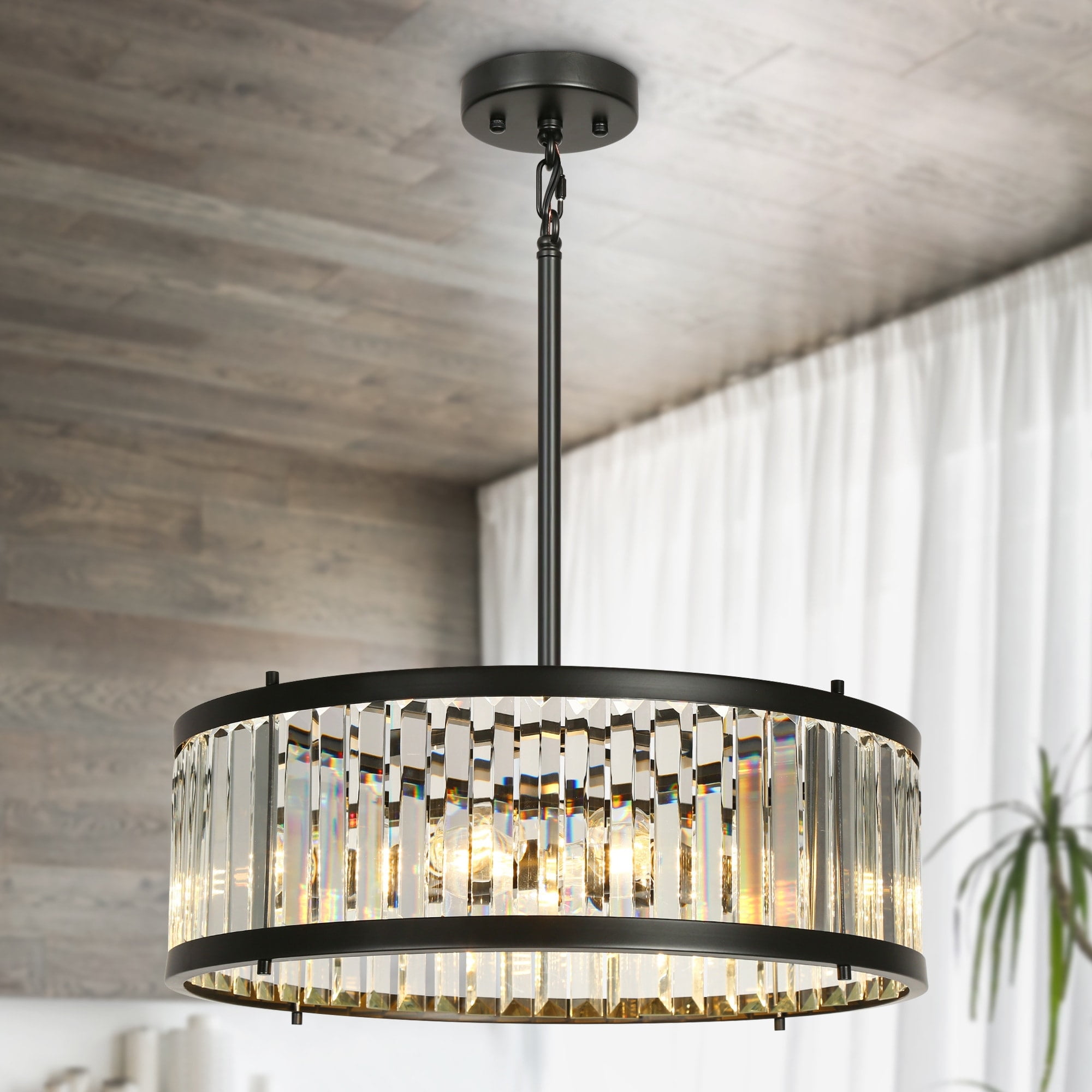 Modern Black Crystal Drum Chandelier with Adjustable Height