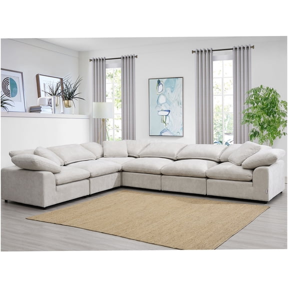 Modern 6-Pc Modular Sofa Sectional in Ivory Linen Fabric with Feather Cushions