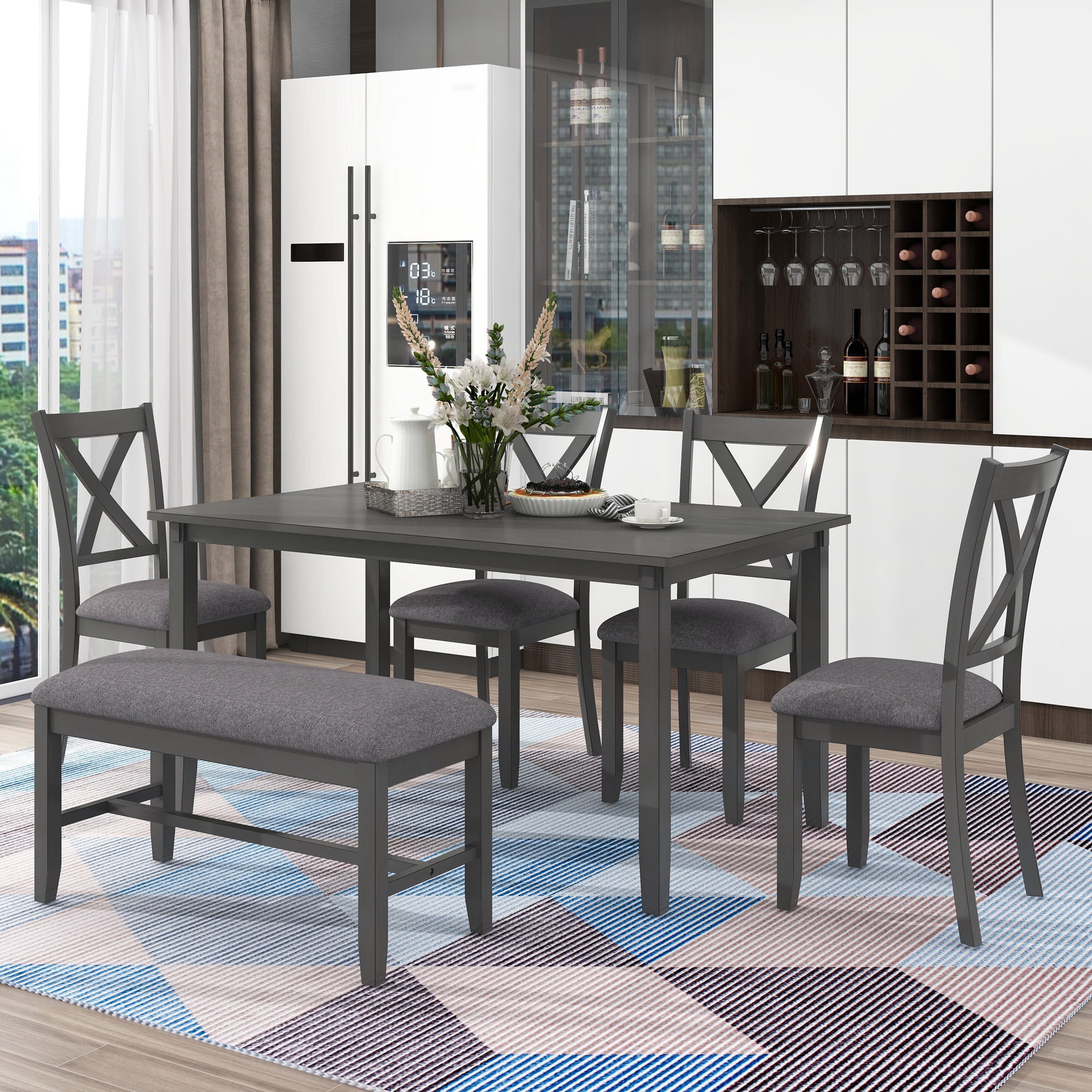 Modern 6 Piece Dining Set Wood Finish Dining Table Set Include Table Bench 4 Chairs Gray
