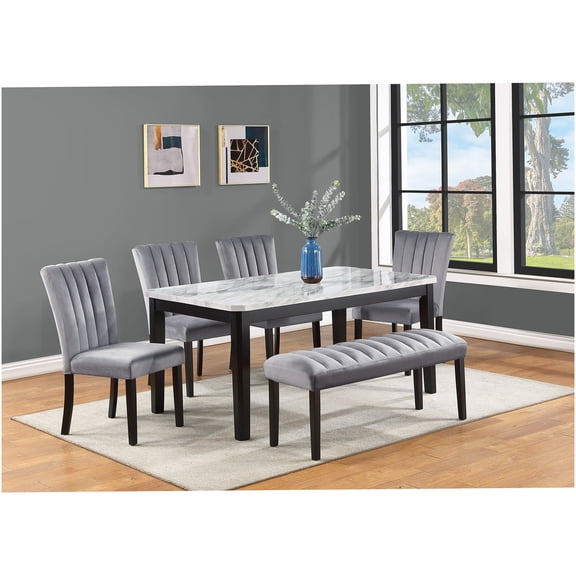 Modern 6-Piece Dining Set with Faux Marble Table, Upholstered Chairs and Bench, Black and White Finish