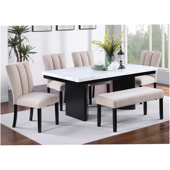 Modern 6-Piece Dining Set with Faux Marble Table, Upholstered Chairs and Bench, Black and White Two-Tone Design