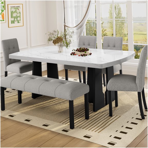 Modern 6-Piece Dining Set with Faux Marble Tabletop and Upholstered Seating, Gray and White Kitchen Table Set for 6, Easy Assembly