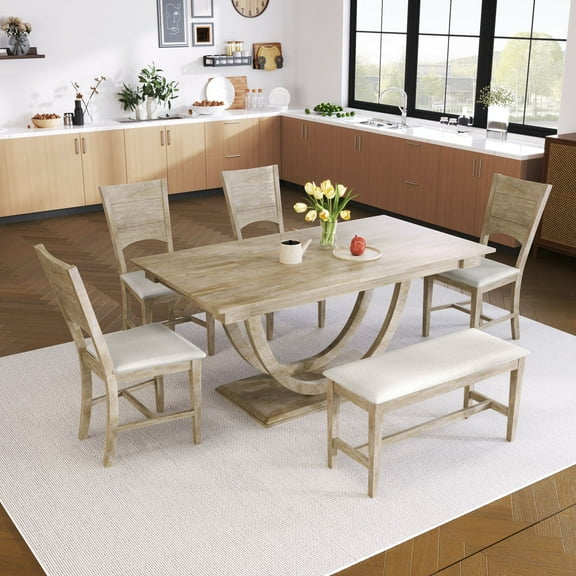 Modern 6-Piece Half Round Dining Table Set for 6, 59" L Rectangular Table with 4 Upholstered Chairs & 1 Bench, Solid Wood Kitchen Dining Rooms Table Set for Kitchen