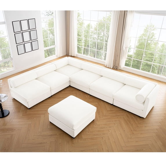 Modern 6-Piece Modular Sectional Sofa with Storage Soft White Couch Chenille Fabric Contemporary Cylindrica Design, Large Sectional Couches for Living Room