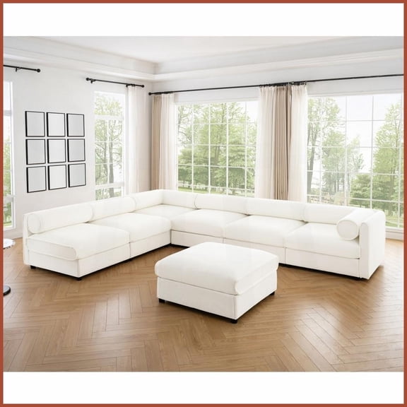 Modern 6-Piece Modular Chenille Sectional Sofa with Storage - Soft White, Ergonomic Cylindrical Design for Living Room