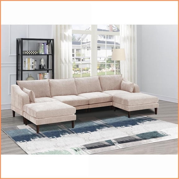 Modern 6-Piece Modular U-Shaped Sectional Sofa Set Suede-Like Fabric for Living Room | Blush Pink | Soft Fabric | Plush Cushion Back