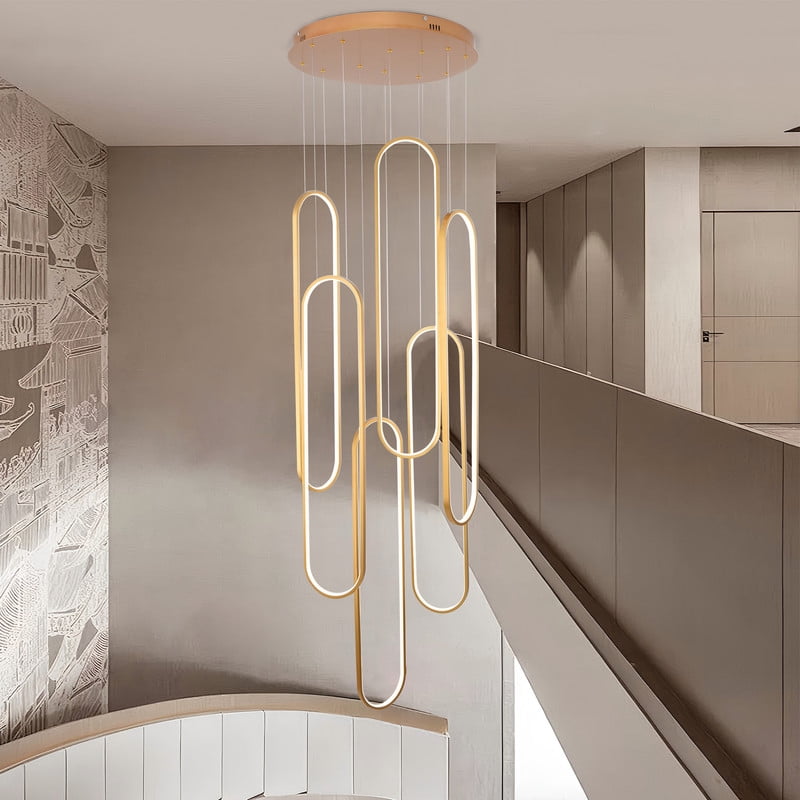Modern 6-Ring Gold LED Chandelier, Large Dimmable Pendant Light with Remote, Adjustable Height Ceiling Fixture for High Ceilings, Dining Room, Foyer