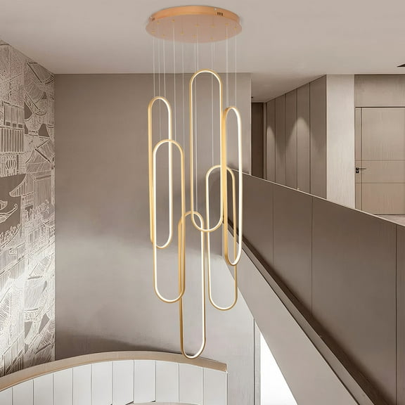 Modern 6-Ring Gold LED Chandelier, Large Dimmable Pendant Light with Remote, Adjustable Height Ceiling Fixture for High Ceilings, Dining Room, Foyer