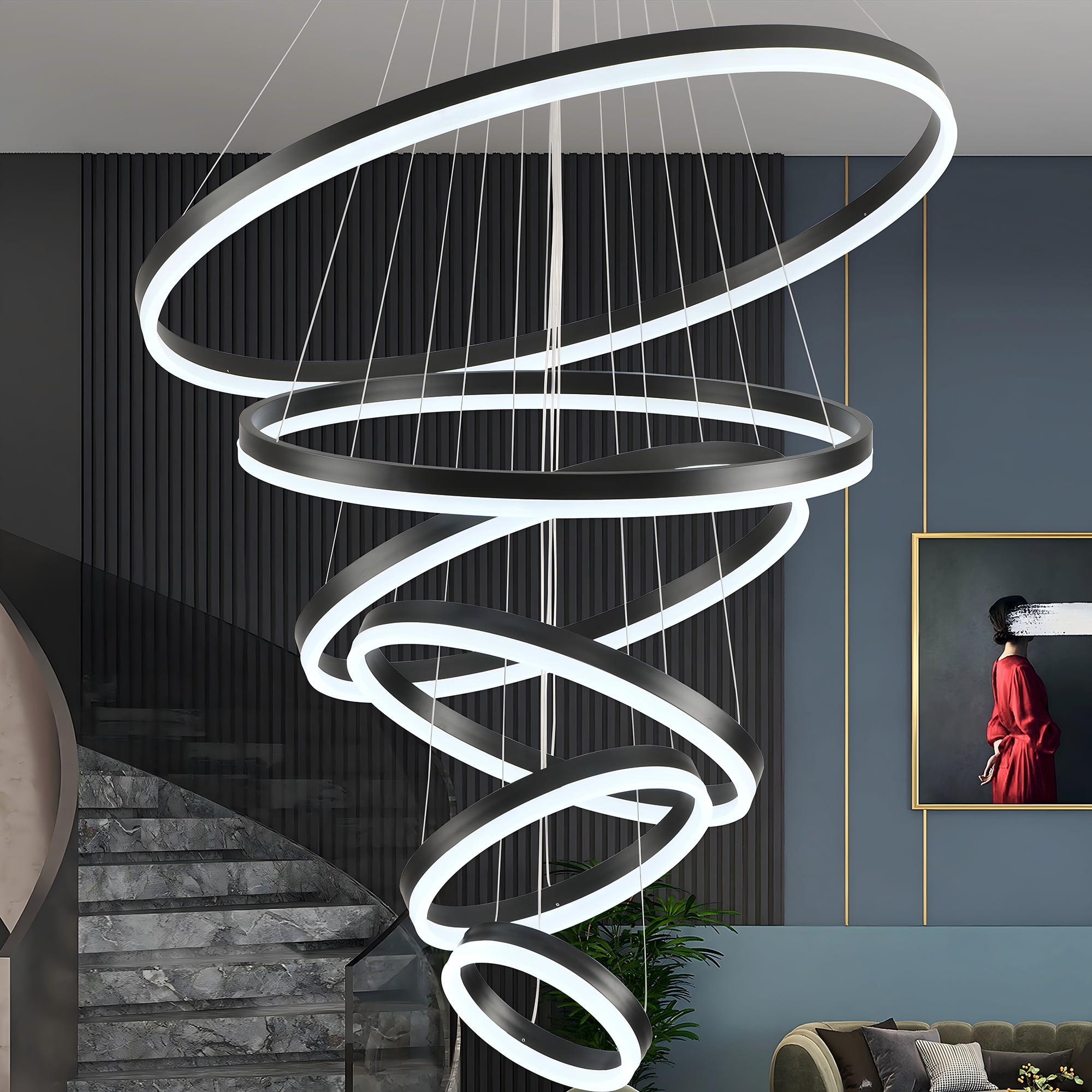 Modern 6-Ring LED Chandelier for High Ceilings, Adjustable Black Pendant Light with Remote, Dimmable Flush Mount Fixture for Foyer, Entryway, Living Room Dining Room