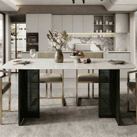 Modern 6-Seat Rectangular Glass Dining Table with Marble Pattern and Hollow-Out Metal Legs | Tempered Glass Table for Dining Room, Living Room, Home Office