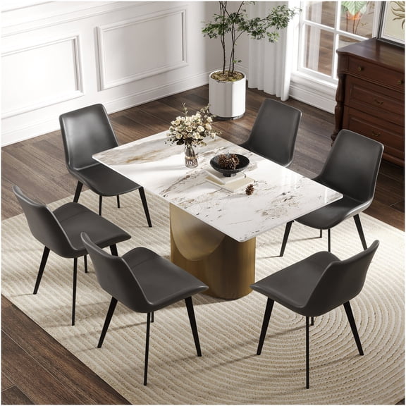 Modern 6-Seater Dining Table with Sintered Stone Top and Antique Brass Metal Legs, Rectangular Kitchen Table for Dining Room