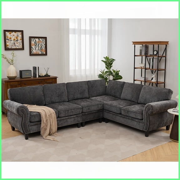 Modern 6-Seater L-Shaped Chenille Sectional Sofa with Rivets & Rolled Arms - 109.5”W x 85.5”D x 34”H for Living Room