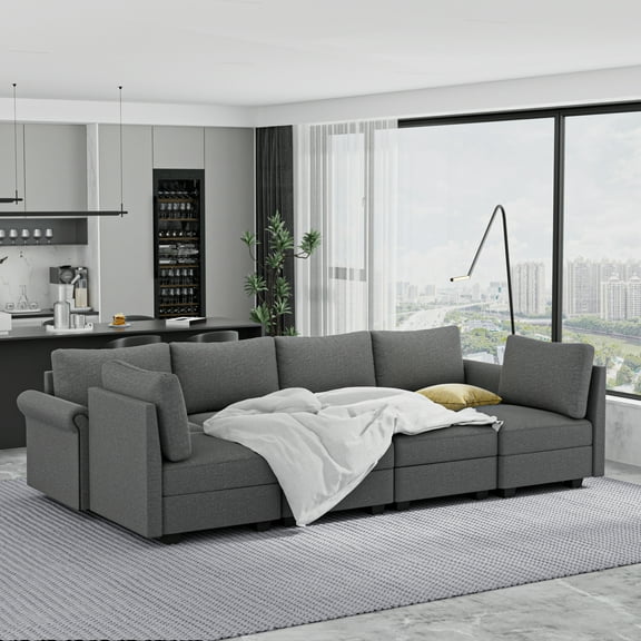 Modern 6-Seater U-Shaped Modular Sofa with 2 Chaise Lounges, Grey Polyester, Storage & Memory Foam for Living Room, Office, 120" Wide, Durable & Comfortable
