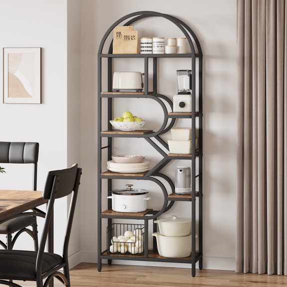 Modern 6 Tier Arched Bookshelf 81.7 Inch Tall Geometric Open Bookcase Metal Frame Storage Display Rack for Home Office Living Room Bedroom Entryway Kitchen