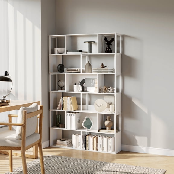 Modern 6-Tier Geometric Metal Bookshelf – Tall Freestanding Bookcase & Room Divider with Anti-Tip Device, Slim Display Shelf for Living Room, Durable Storage Rack - White Small Embossed