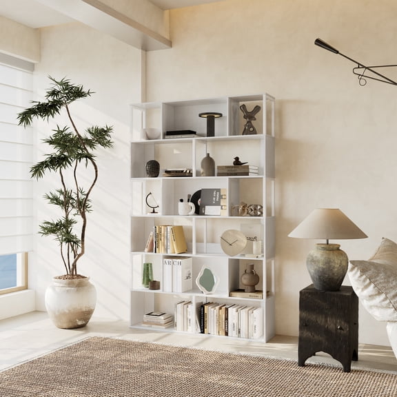 Modern 6-Tier Geometric Standing Bookshelf - White Room Divider & Display Shelf - Anti-Tip Device - Mid-Century Slim Metal Bookcase for Living Room - White Small Embossed