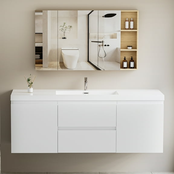 Modern 60" Wall-Mounted Bathroom Vanity in Glossy White with Resin Top Basin