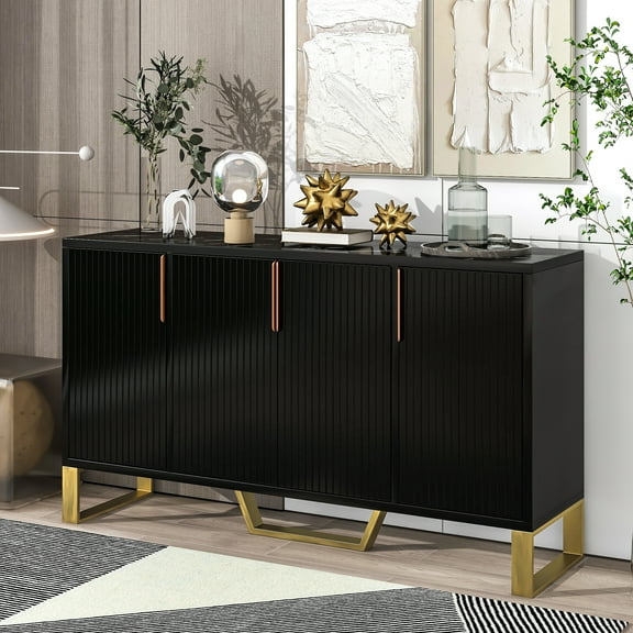 Modern 60in Buffet Sideboard Console Table with Faux Marble Top, 4 Doors and Adjustable Shelves, Entryway Hallway Foyer Table Cabinet with Metal Golden Legs & Handles (Black)
