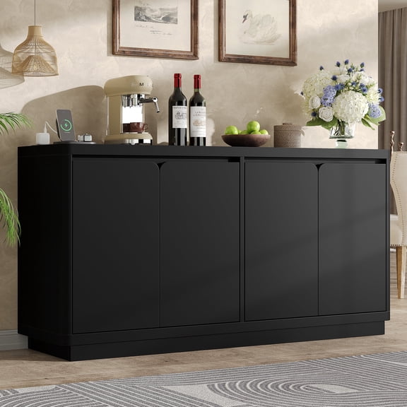 Modern 63" Double-Arc Sideboard Buffet Cabinet with Power Outlet, Black