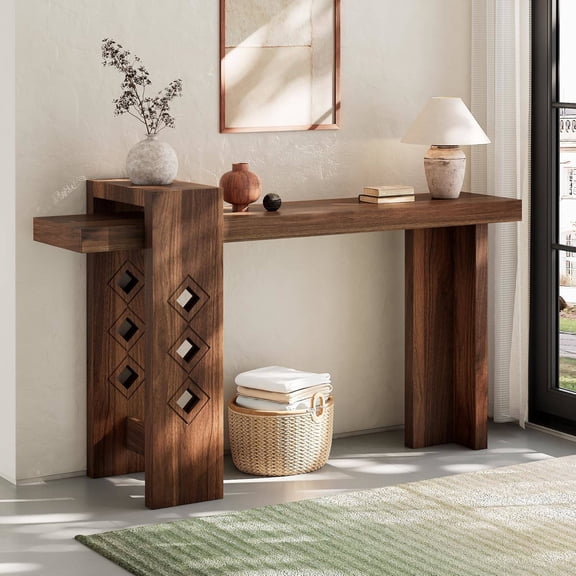 Modern 63-Inch Floating Console Table for Entryway, Foyer, Living Room  Walnut Wood Hall Table
