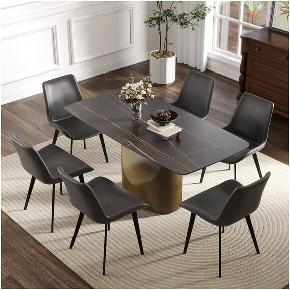 Modern 63" Sintered Stone Dining Table with Curved Bronze Metal Legs for 6-8 Seating