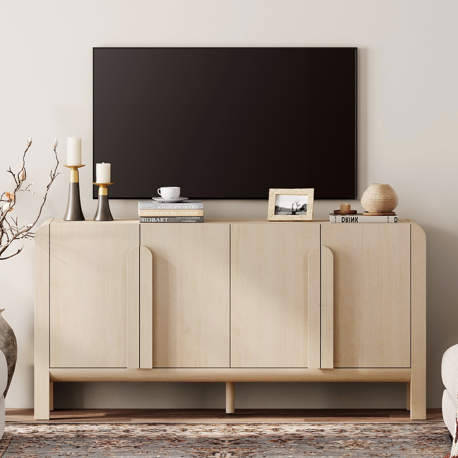Modern 63" TV Stand with Storage, Entertainment Center with Adjustable Shelves,Wooden TV Console with 4 Doors for Living Room