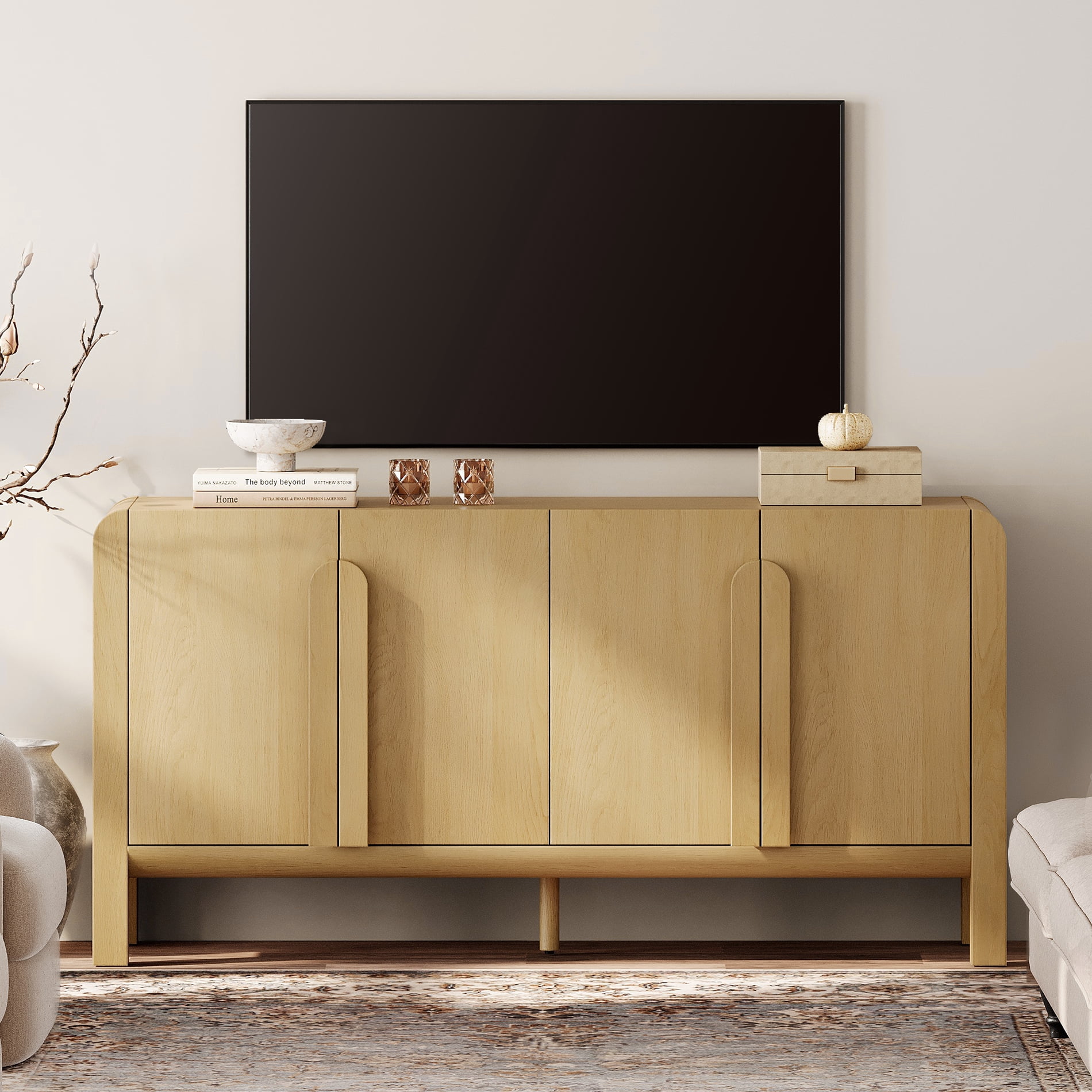 Modern 63" TV Stand with Storage, Entertainment Center with Adjustable Shelves,Wooden TV Console with 4 Doors for Living Room
