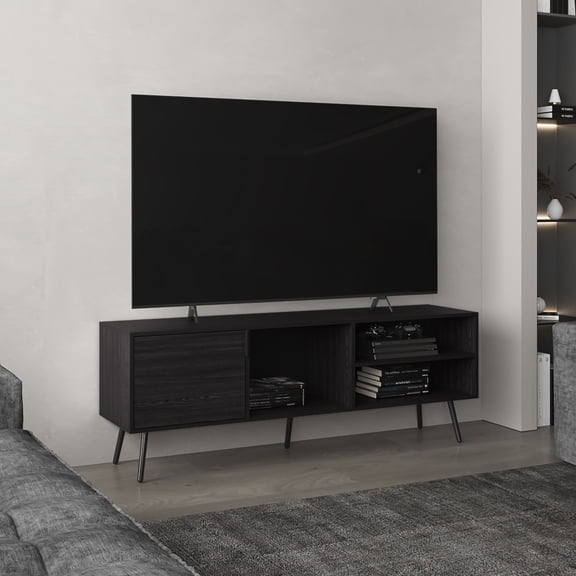 Modern 63" Tv Stand Black . One Cabinet, 3 Open Shelves, Cable Managed, Steady, Fits 60-69" Tvs, Living Room Secure Build,