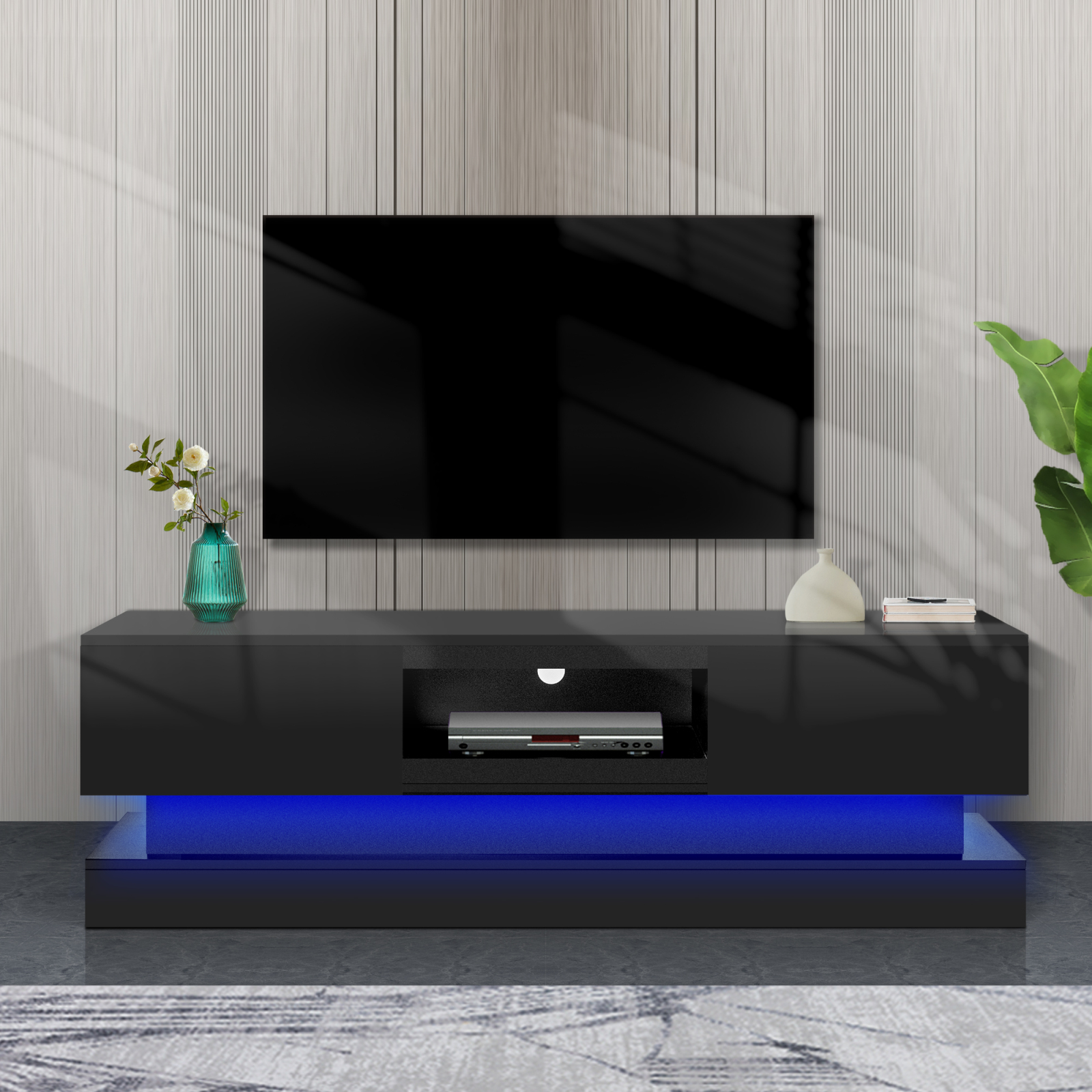 Modern 63inch Black TV Stand with LED Lights, HighGloss Front