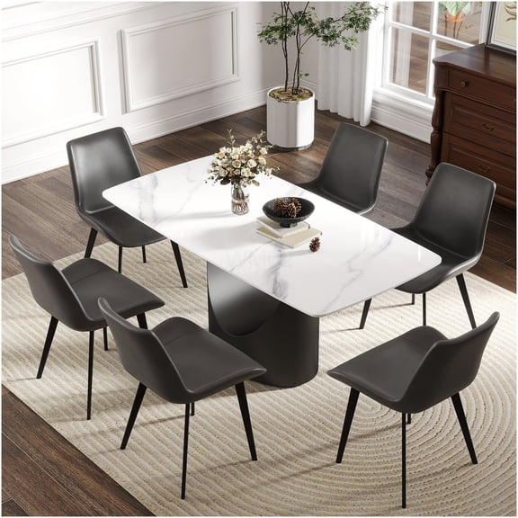 Modern 63-inch Sintered Stone Dining Table with Curved Black Iron Legs for 6-8 Seating