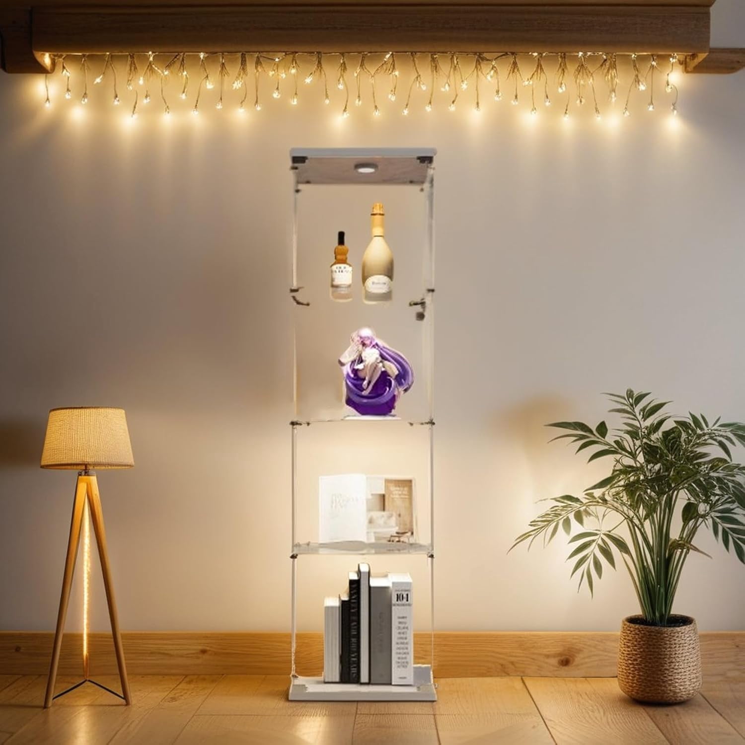 Modern 64.5'' 4-Shelf Glass Display Cabinet with Lock and Lights, Lighted Curio Cabinet Collection Display Case, Floor Standing Showcase for Living Room Bedroom Home Office…