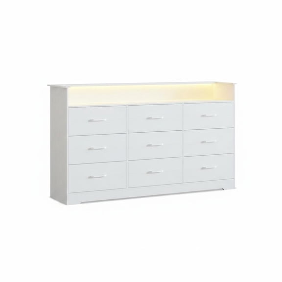 Modern 65-Inch 9-Drawer Dresser with Built-in Charging Station & LED Lights – Large Storage Chest & TV Stand Organizer Featuring Open Shelf Black/Dark Oak/White