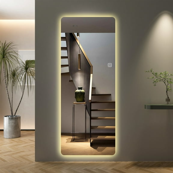 Modern 65"x21" LED Full Length Wall Mirror, Frameless Round Corner Dressing Body Mirror with 3-Color Touch Dimmable Backlit, Shatterproof Glass with Hidden Light Strip, Silver